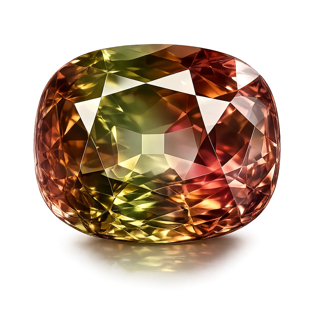 A faceted Zultanite gemstone — gem-quality color-change diaspore from the İlbir Mountains of Türkiye, showing sage-green daylight color